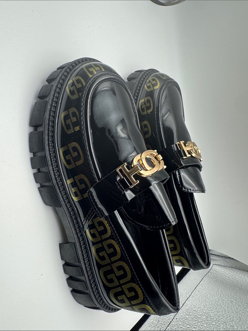 Gucci Black Patent Leather Loafers with Gold GG Hardware